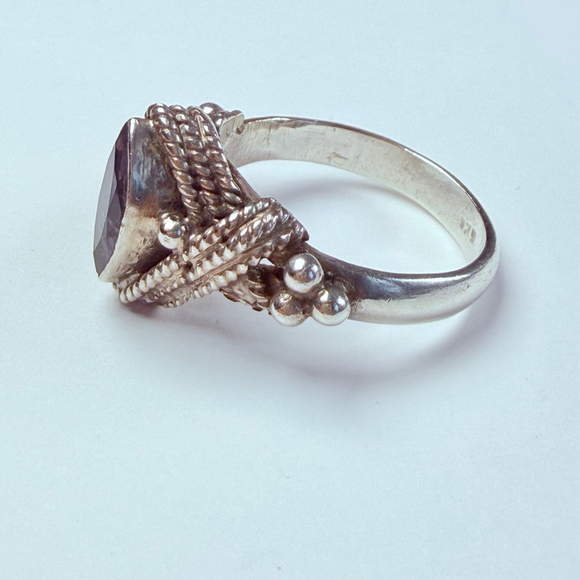 Amethyst .75 CT Solitaire Rope & Granule Sterling Silver 925 Vintage Boho Ring